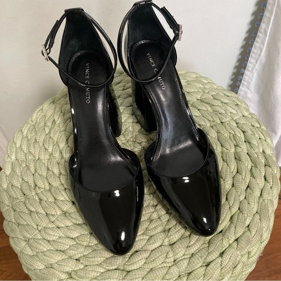 NEW Vince Camuto Addilenz Black Patent Leather Chunky Heel Ankle Wrap Pump - Picture 5 of 11
